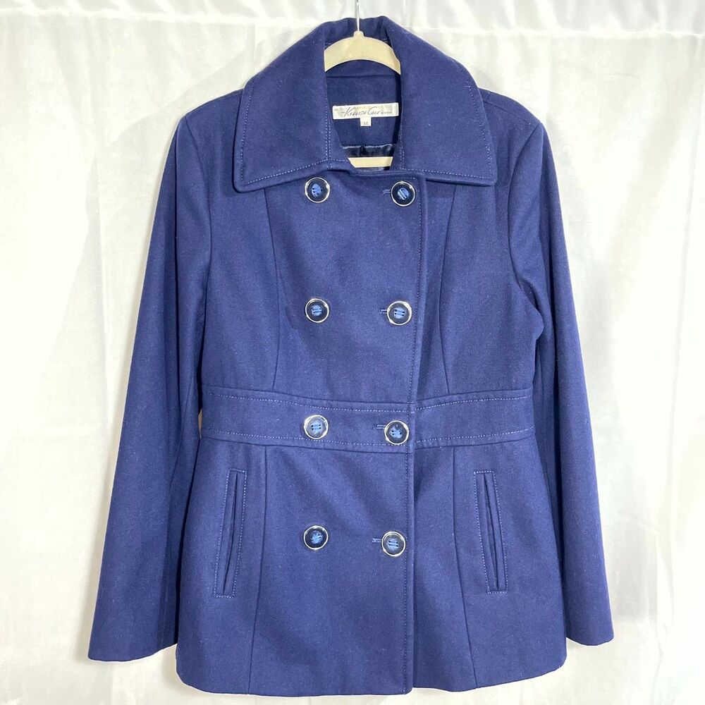 Kenneth Cole New York Women Double Breasted Navy Wool Blend Peacoat Size 14